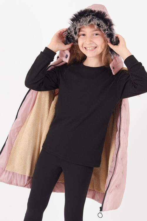 Kız Çocuk Mont Puantiyeli Kapüşonlu Şişme Mont 14532