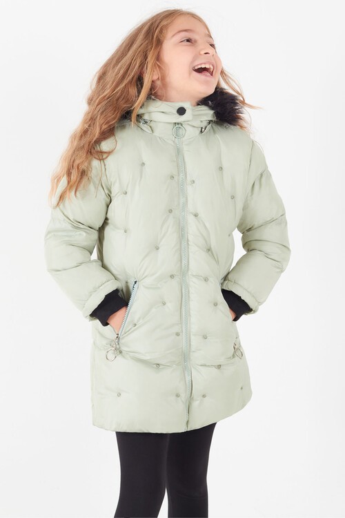 Kız Çocuk Mont Puantiyeli Kapüşonlu Şişme Mont 14532