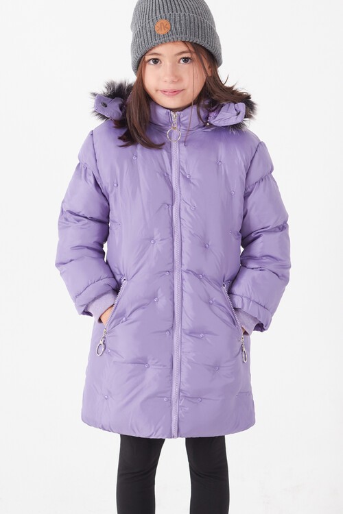 Kız Çocuk Mont Puantiyeli Kapüşonlu Şişme Mont 14532