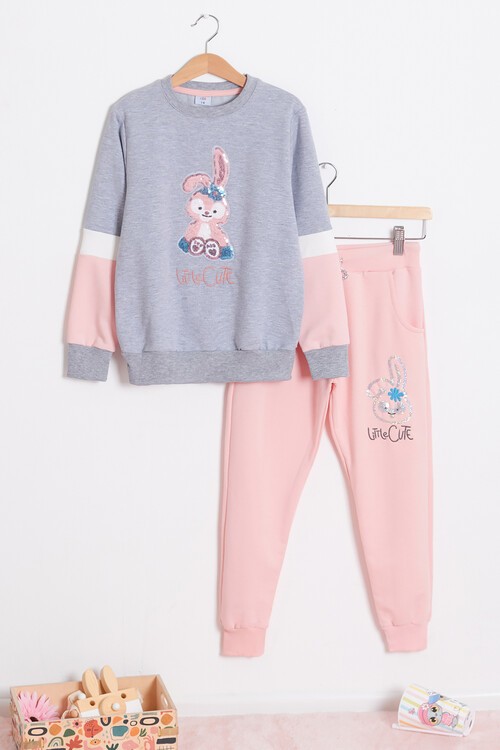 Kız Çocuk Pullu Tavşan Desenli Eşofman Takımı 14609