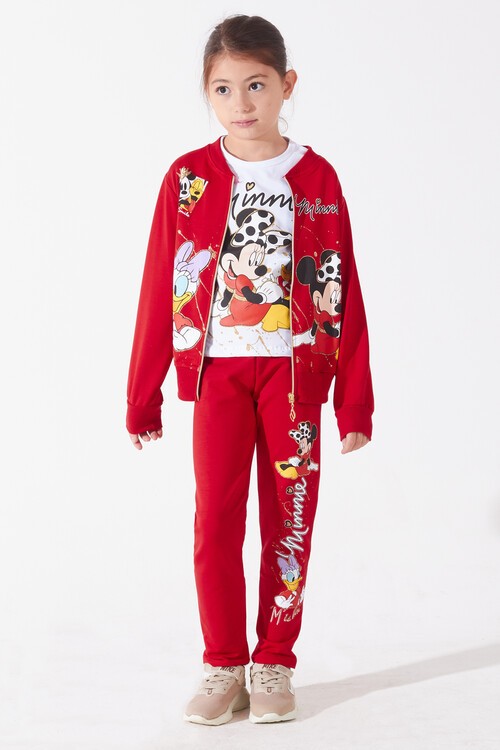 Kız Çocuk Simli Minnie Baskılı Hırkalı 3lü Eşofman Takımı 14587