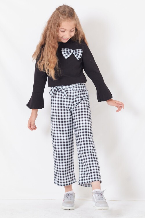 Kız Çocuk Siyah Ekose 4-8 Yaş Volan Kol Takım 13044