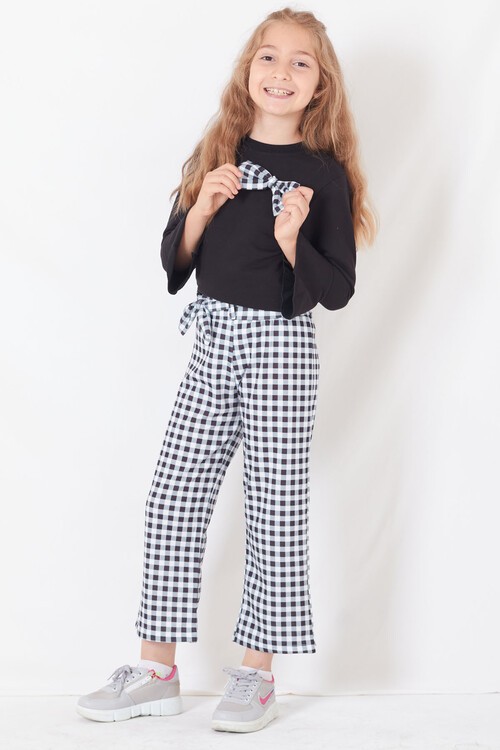 Kız Çocuk Siyah Ekose 8-12 Yaş Volan Kol Takım 13045