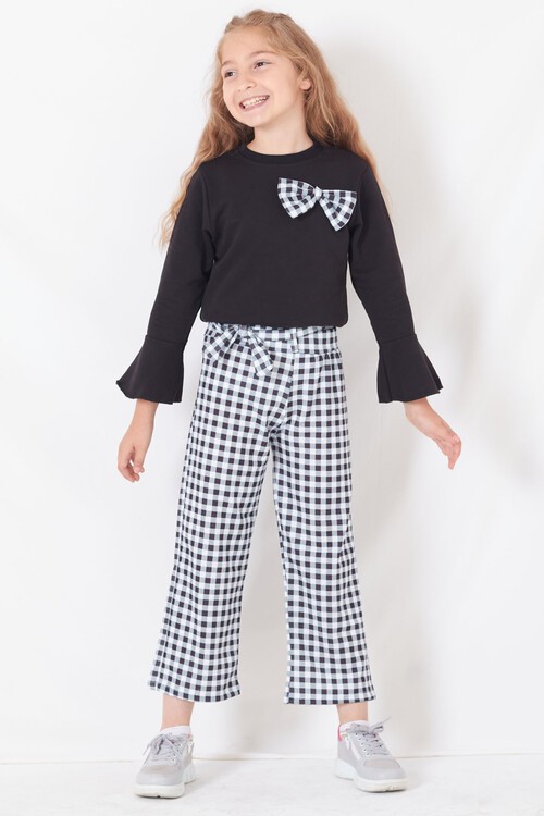 Kız Çocuk Siyah Ekose 8-12 Yaş Volan Kol Takım 13045