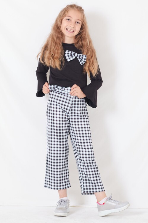 Kız Çocuk Siyah Ekose 8-12 Yaş Volan Kol Takım 13045