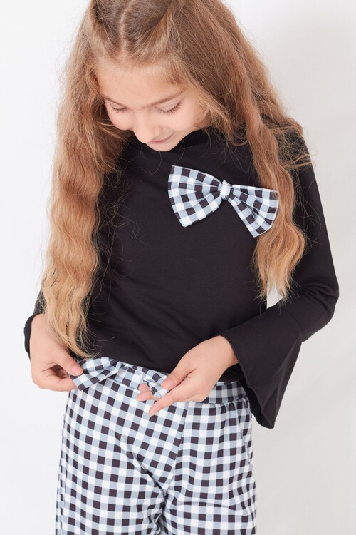 Kız Çocuk Siyah Ekose 8-12 Yaş Volan Kol Takım 13045