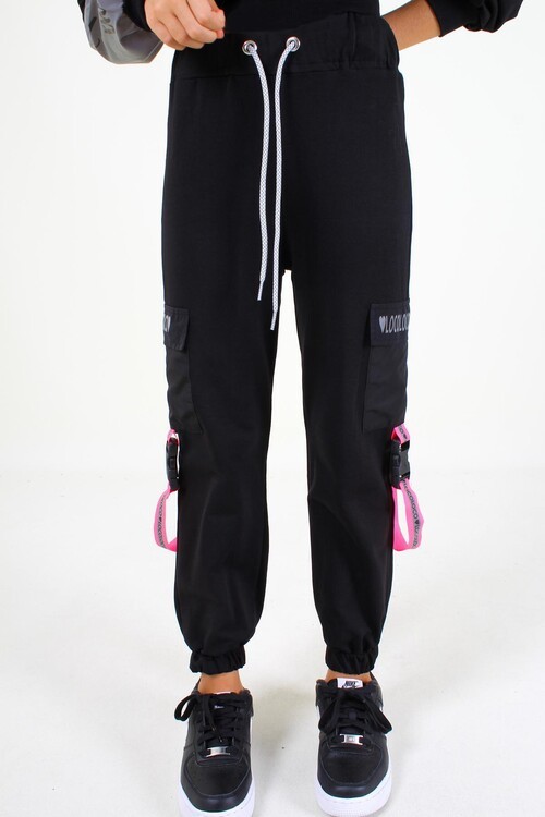 Kız Çocuk Siyah Fosfor Pembe Şeritli Pantolon 14505