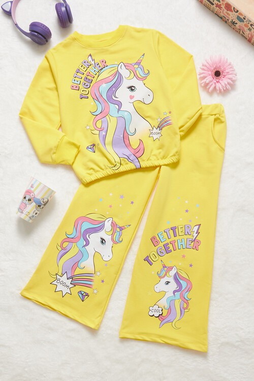 Kız Çocuk Unicorn Baskılı İspanyol Paça Eşofman Takımı 14610
