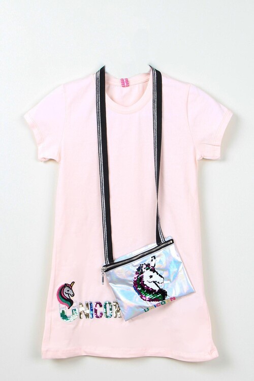 Kız Çocuk Unicorn Çantalı Pullu Elbise 14562