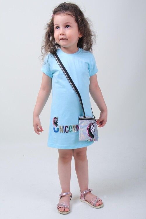 Kız Çocuk Unicorn Çantalı Pullu Elbise 14562