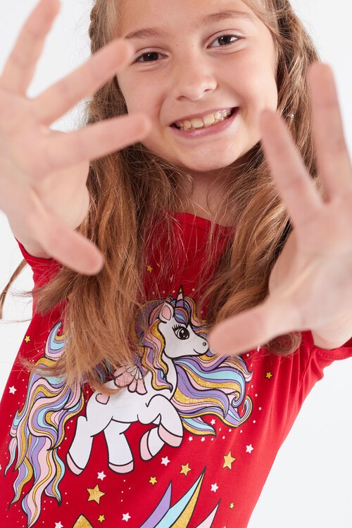 Kız Çocuk Unicorn Desenli Püsküllü Takım 3-10 Yaş 13822