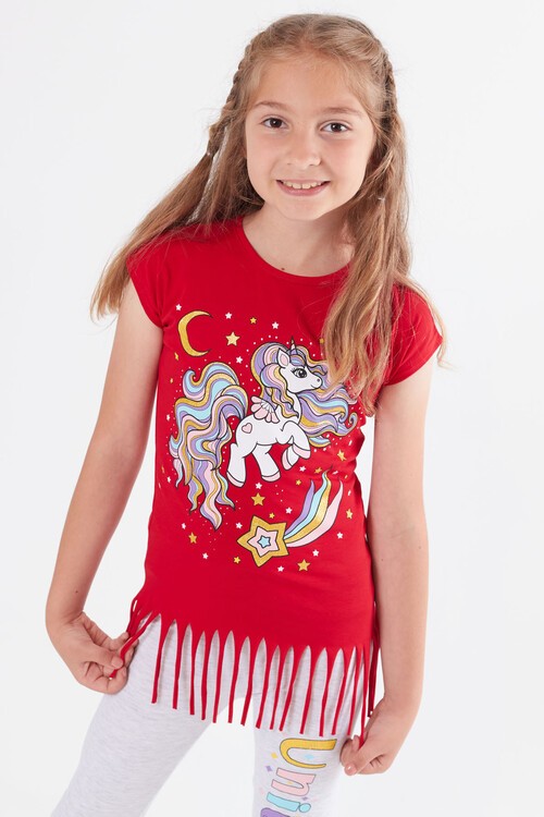 Kız Çocuk Unicorn Desenli Püsküllü Takım 3-10 Yaş 13822