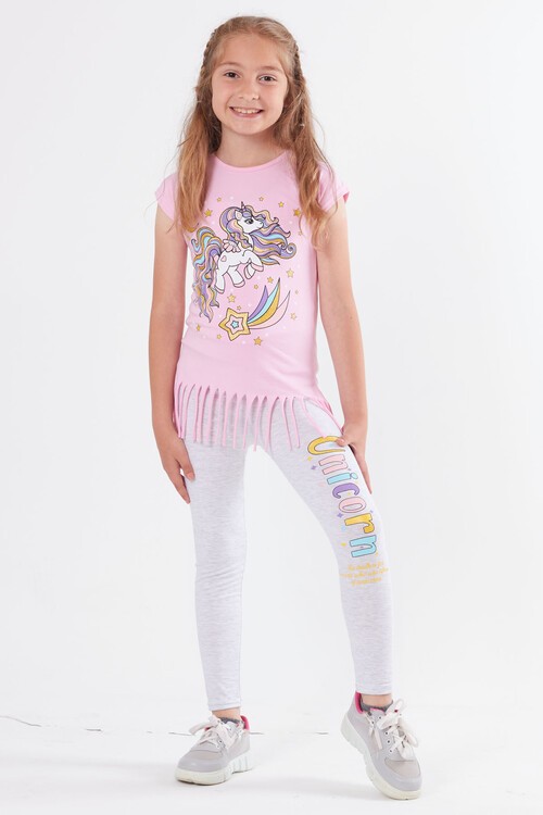 Kız Çocuk Unicorn Desenli Püsküllü Takım 3-10 Yaş 13822