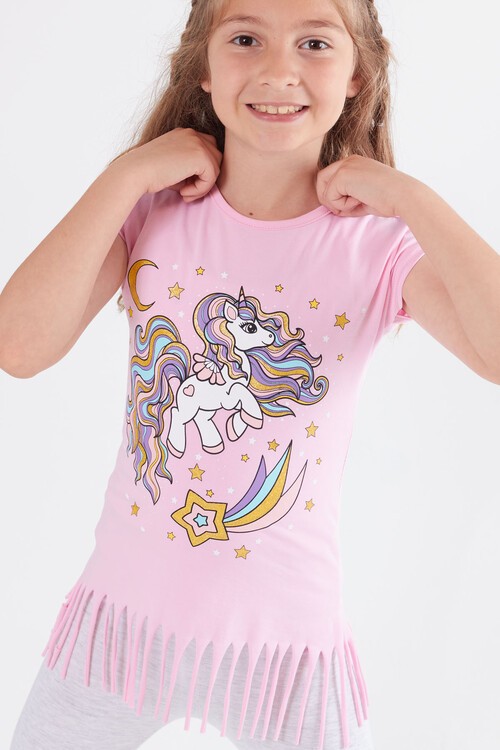 Kız Çocuk Unicorn Desenli Püsküllü Takım 3-10 Yaş 13822