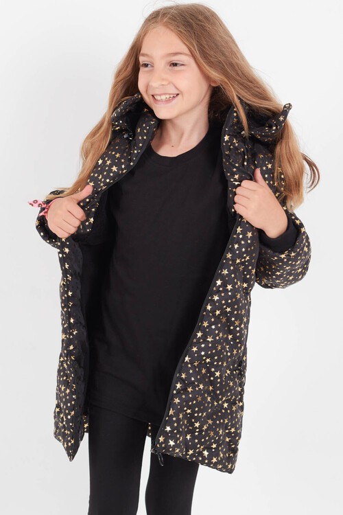 Kız Çocuk Mont Yıldız Desenli Kapüşonlu Şişme Mont 14535