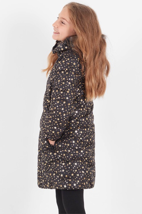 Kız Çocuk Mont Yıldız Desenli Kapüşonlu Şişme Mont 14535