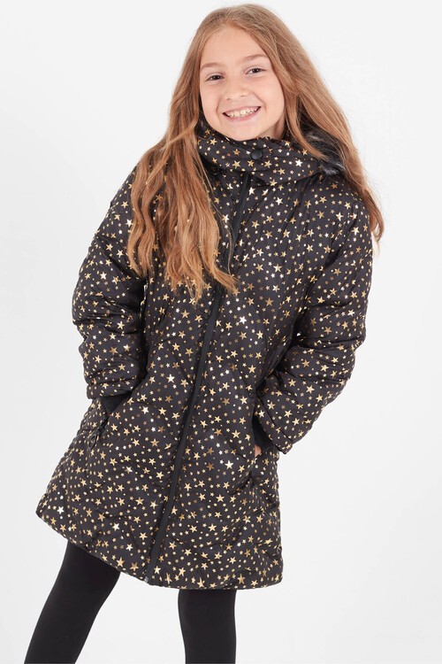 Kız Çocuk Mont Yıldız Desenli Kapüşonlu Şişme Mont 14535