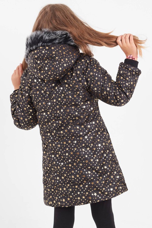 Kız Çocuk Mont Yıldız Desenli Kapüşonlu Şişme Mont 14535