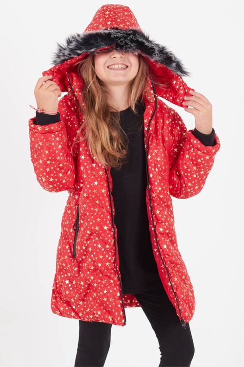Kız Çocuk Mont Yıldız Desenli Kapüşonlu Şişme Mont 14535