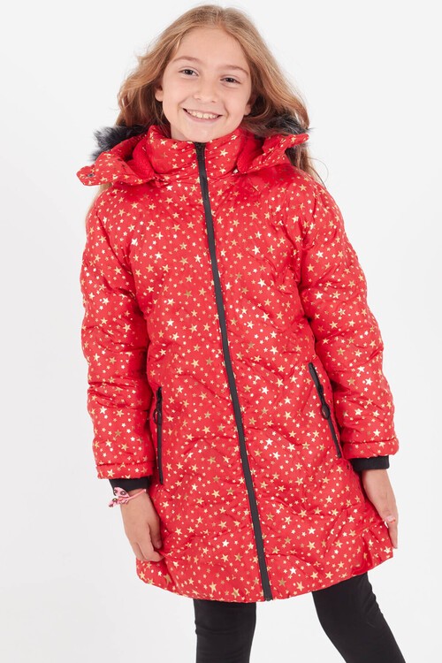Kız Çocuk Mont Yıldız Desenli Kapüşonlu Şişme Mont 14535
