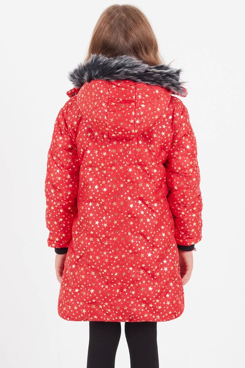 Kız Çocuk Mont Yıldız Desenli Kapüşonlu Şişme Mont 14535