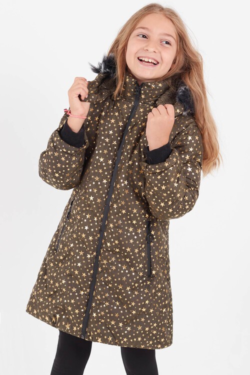 Kız Çocuk Mont Yıldız Desenli Kapüşonlu Şişme Mont 14535