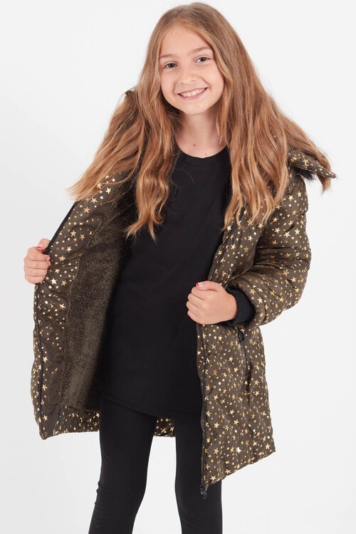 Kız Çocuk Mont Yıldız Desenli Kapüşonlu Şişme Mont 14535