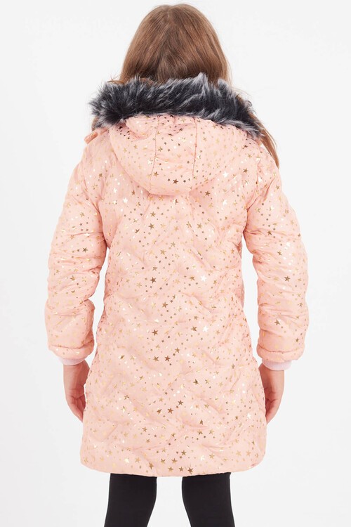 Kız Çocuk Mont Yıldız Desenli Kapüşonlu Şişme Mont 14535