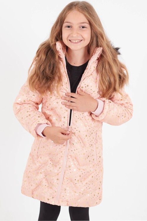 Kız Çocuk Mont Yıldız Desenli Kapüşonlu Şişme Mont 14535