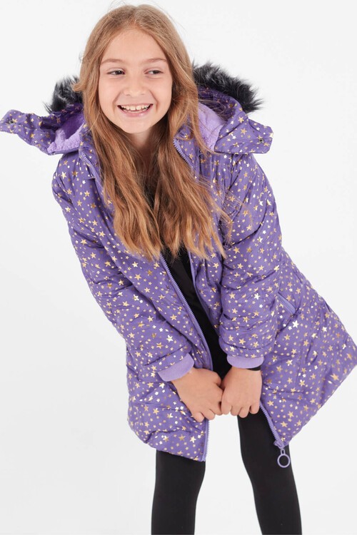 Kız Çocuk Mont Yıldız Desenli Kapüşonlu Şişme Mont 14535