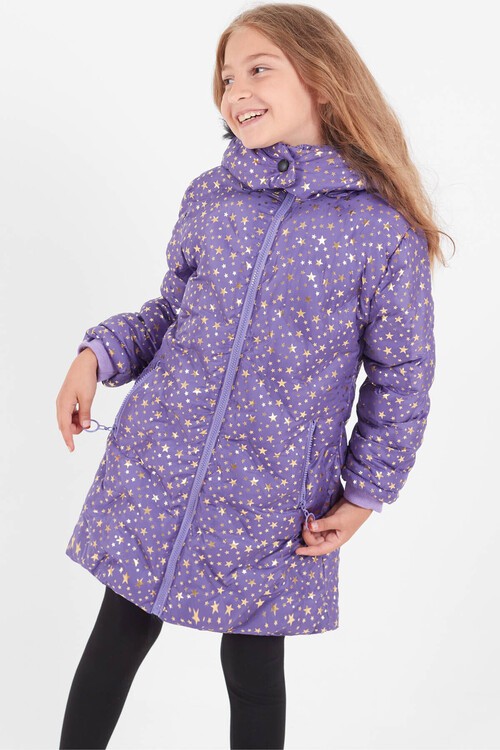 Kız Çocuk Mont Yıldız Desenli Kapüşonlu Şişme Mont 14535