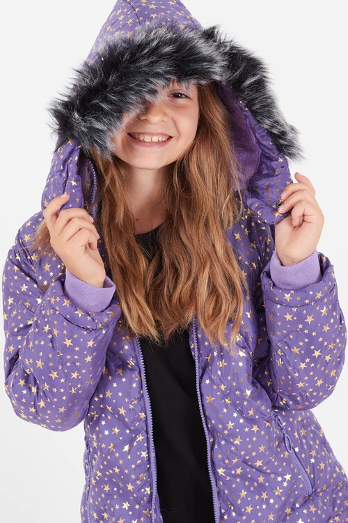 Kız Çocuk Mont Yıldız Desenli Kapüşonlu Şişme Mont 14535
