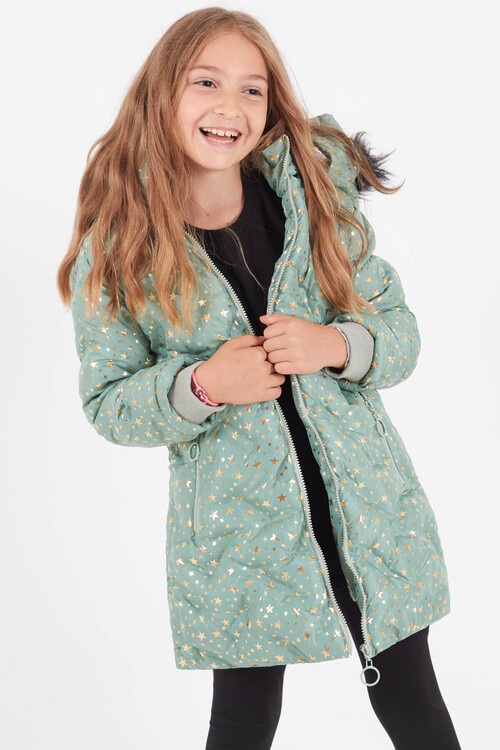 Kız Çocuk Mont Yıldız Desenli Kapüşonlu Şişme Mont 14535