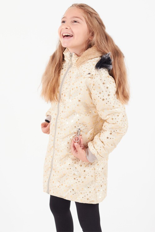 Kız Çocuk Mont Yıldız Desenli Kapüşonlu Şişme Mont 14535
