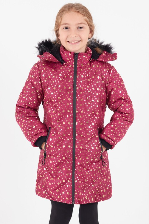 Kız Çocuk Mont Yıldız Desenli Kapüşonlu Şişme Mont 14535