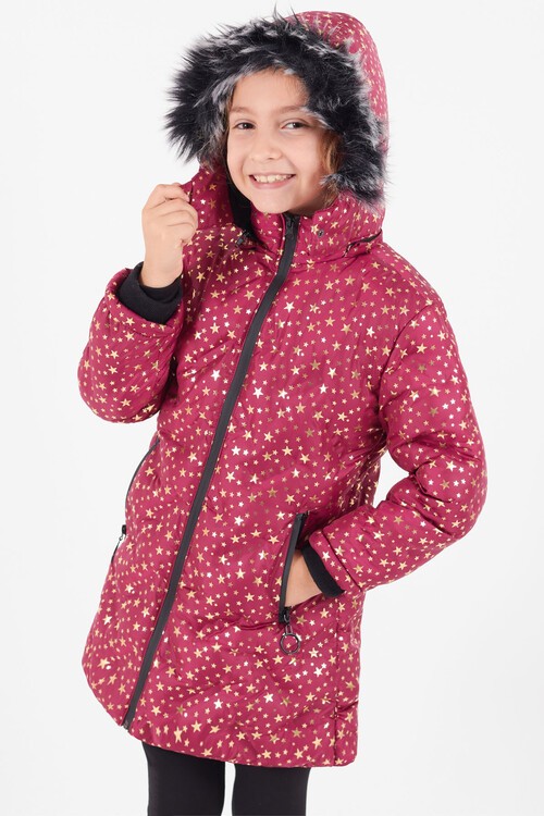 Kız Çocuk Mont Yıldız Desenli Kapüşonlu Şişme Mont 14535