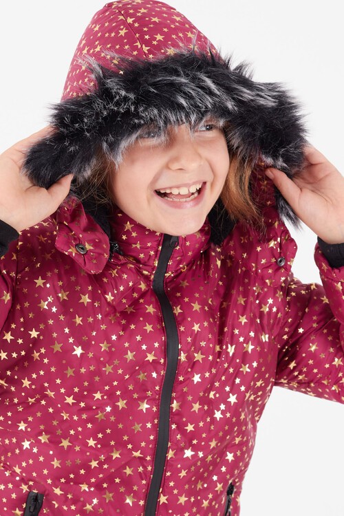 Kız Çocuk Mont Yıldız Desenli Kapüşonlu Şişme Mont 14535