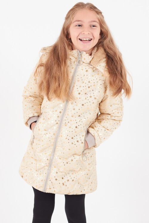 Kız Çocuk Mont Yıldız Desenli Kapüşonlu Şişme Mont 14535
