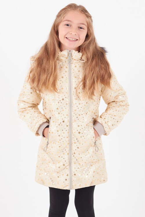 Kız Çocuk Mont Yıldız Desenli Kapüşonlu Şişme Mont 14535