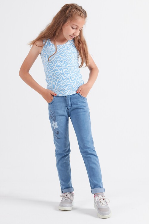 Kız Çocuk Jean Pantolon Yıldız Desenli Ayarlanabilir Bel 13923