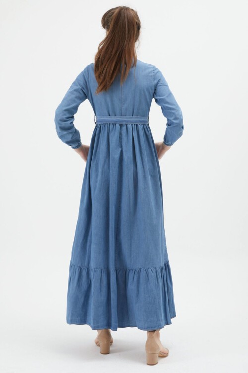 Açık Mavi Dantel Detaylı Kuşaklı Kız Çocuk Jean Elbise 15215