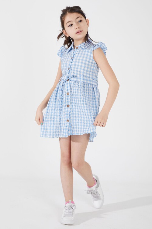 Açık Mavi Kare Desenli Yakalı Kız Çocuk Elbise 15068