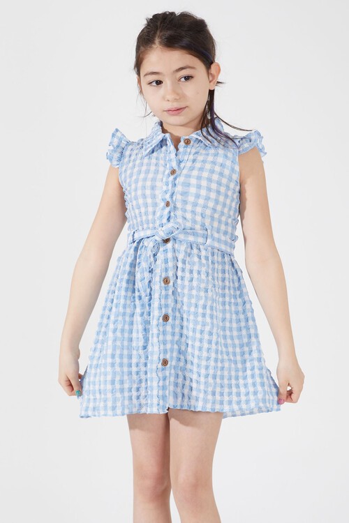 Açık Mavi Kare Desenli Yakalı Kız Çocuk Elbise 15068