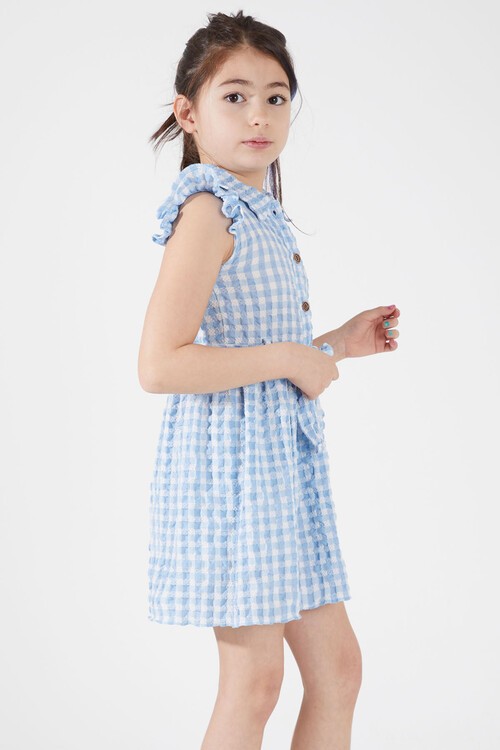 Açık Mavi Kare Desenli Yakalı Kız Çocuk Elbise 15068