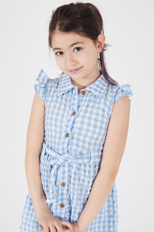 Açık Mavi Kare Desenli Yakalı Kız Çocuk Elbise 15068