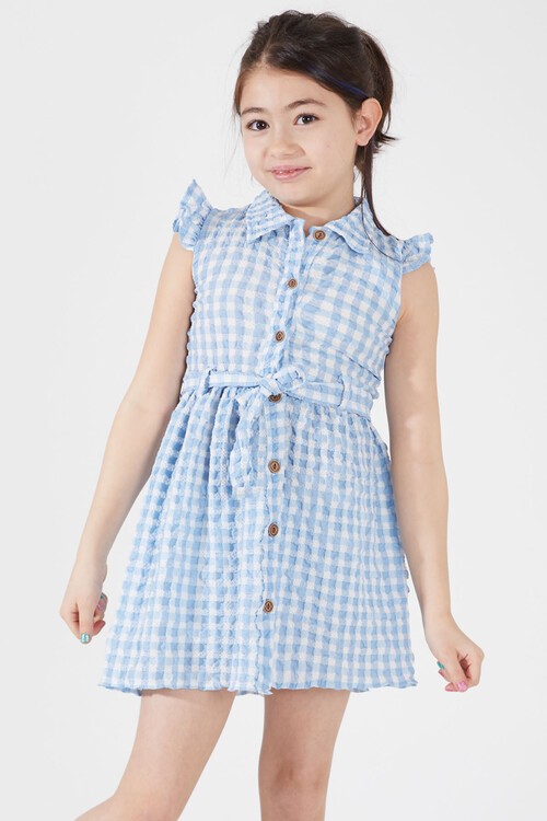 Açık Mavi Kare Desenli Yakalı Kız Çocuk Elbise 15068