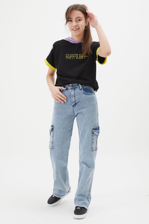 Açık Mavi Kargo Cepli Yüksek Bel Kız Jean Pantolon 15246