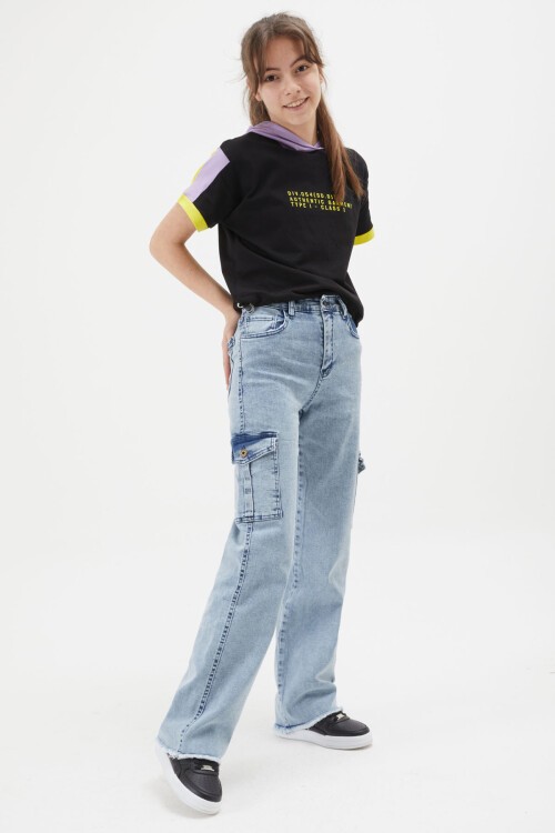 Açık Mavi Kargo Cepli Yüksek Bel Kız Jean Pantolon 15246