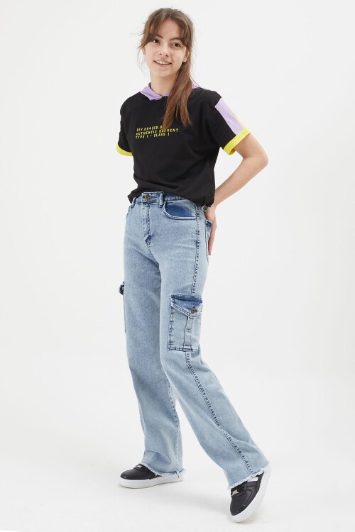 Açık Mavi Kargo Cepli Yüksek Bel Kız Jean Pantolon 15246