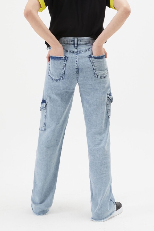 Açık Mavi Kargo Cepli Yüksek Bel Kız Jean Pantolon 15246